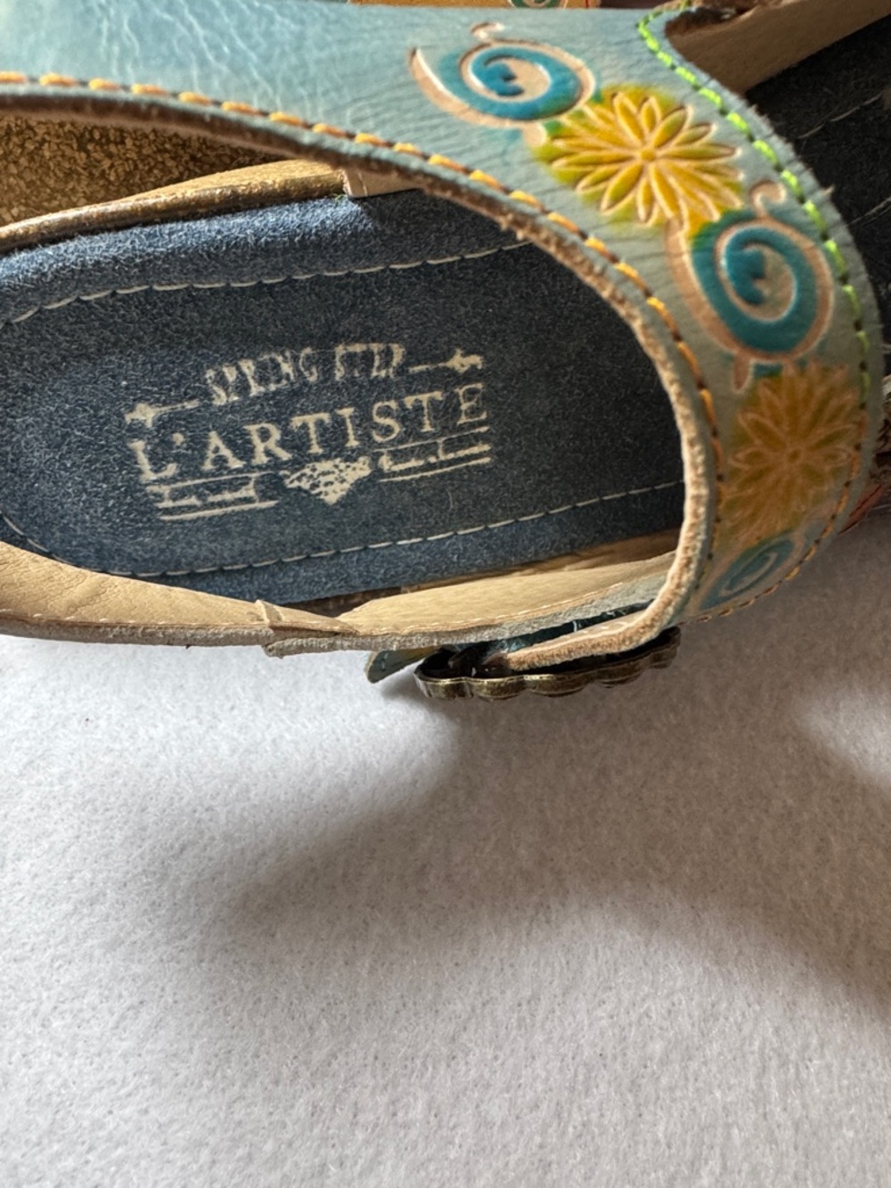 L'Artiste Women's Teal Floral Embroidered Sandal with Adjustable Buckle